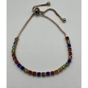 Rainbow Rhinestone Tennis Bolo Bracelet Gold Tone Adjustable
